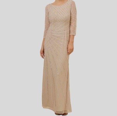 Adrianna Papell Women's Biscott Sequin Embellished 3/4 Sleeve Gown Dress Size 14