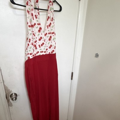 Women's Cherry Print Halter Sleeveless Long Red White A-Line Dress Size 8 |  eBay
