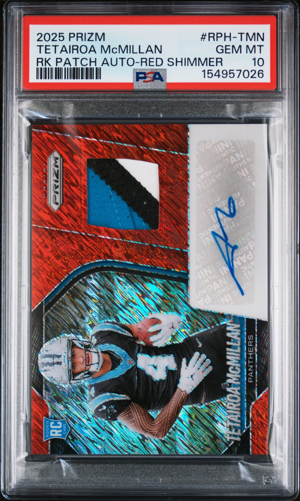 Tetairoa McMillan Panini Prizm Rookie Patch Autographs #RPHTMN Red Shimmer