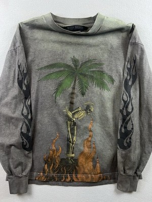 Palm Angels Burning Skeleton Flaming Longsleeve Dark Grey T-shirt Size L