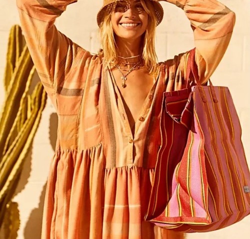 FREE PEOPLE Flannel Shirtdress Ruffled Hem Striped Sunset Peach Rose Sz L NEW