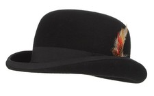 Mens 100 Wool Black Derby Hat with Removable Feather Satin Lined Roll Brim B...