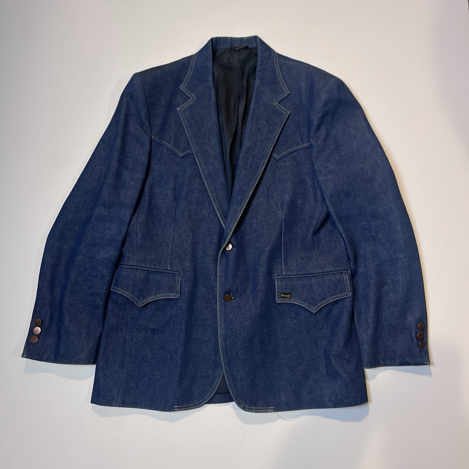 VTG 70s Wrangler Blazer Mens 42 Blue Denim Western Tuxedo Da