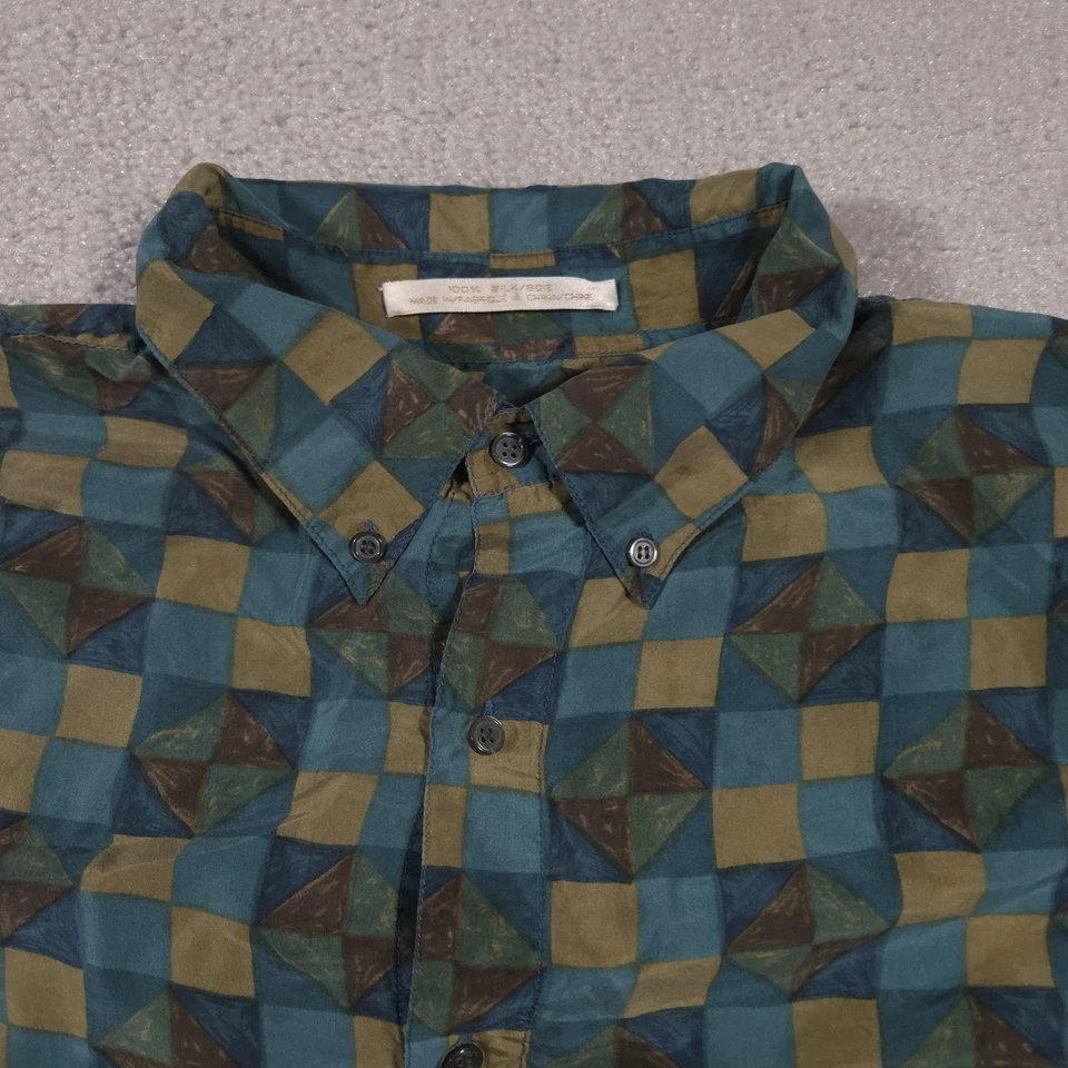 Vintage Perry Ellis Shirt Mens XL Green Blue Silk Geometric Button Down 90s - Image 4 of 4