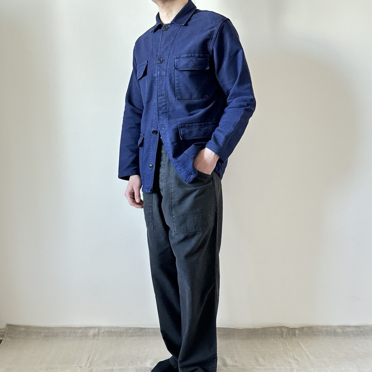 70s vintage French workwear worn faded blue moleskin work jacket