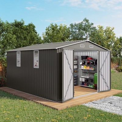 10x12FT Outdoor Storage Shed Metal Garden Shed w/Translucent Windows Poolside