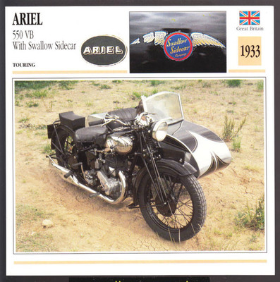 1933 Ariel 550cc VB With Swallow Sidecar 557cc Motorcycle Photo Spec Sheet Card