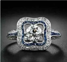 Art Deco Style Lab Created Diamond &Sapphire Engagement 14K White Gold FN Ring