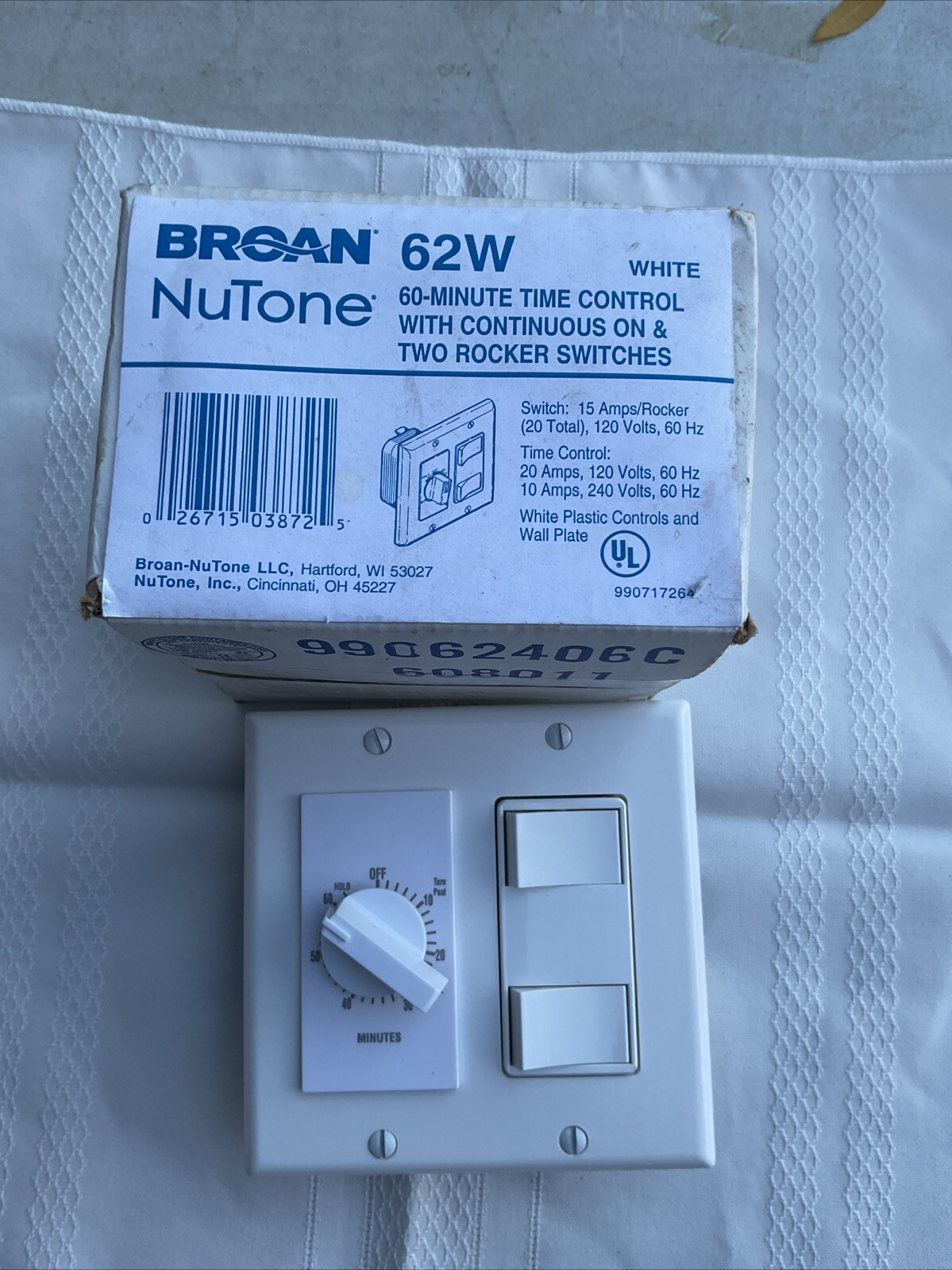 BROAN 62W 60-MINUTE TIME CONTROL With Dbl. Rocker Switches. N.O.S.