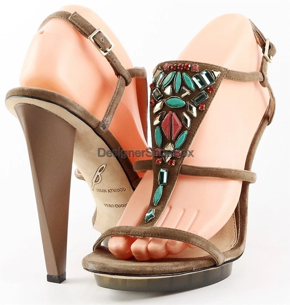 495 B BRIAN ATWOOD DONOSA Natural Suede Jeweled Designer Sandals
