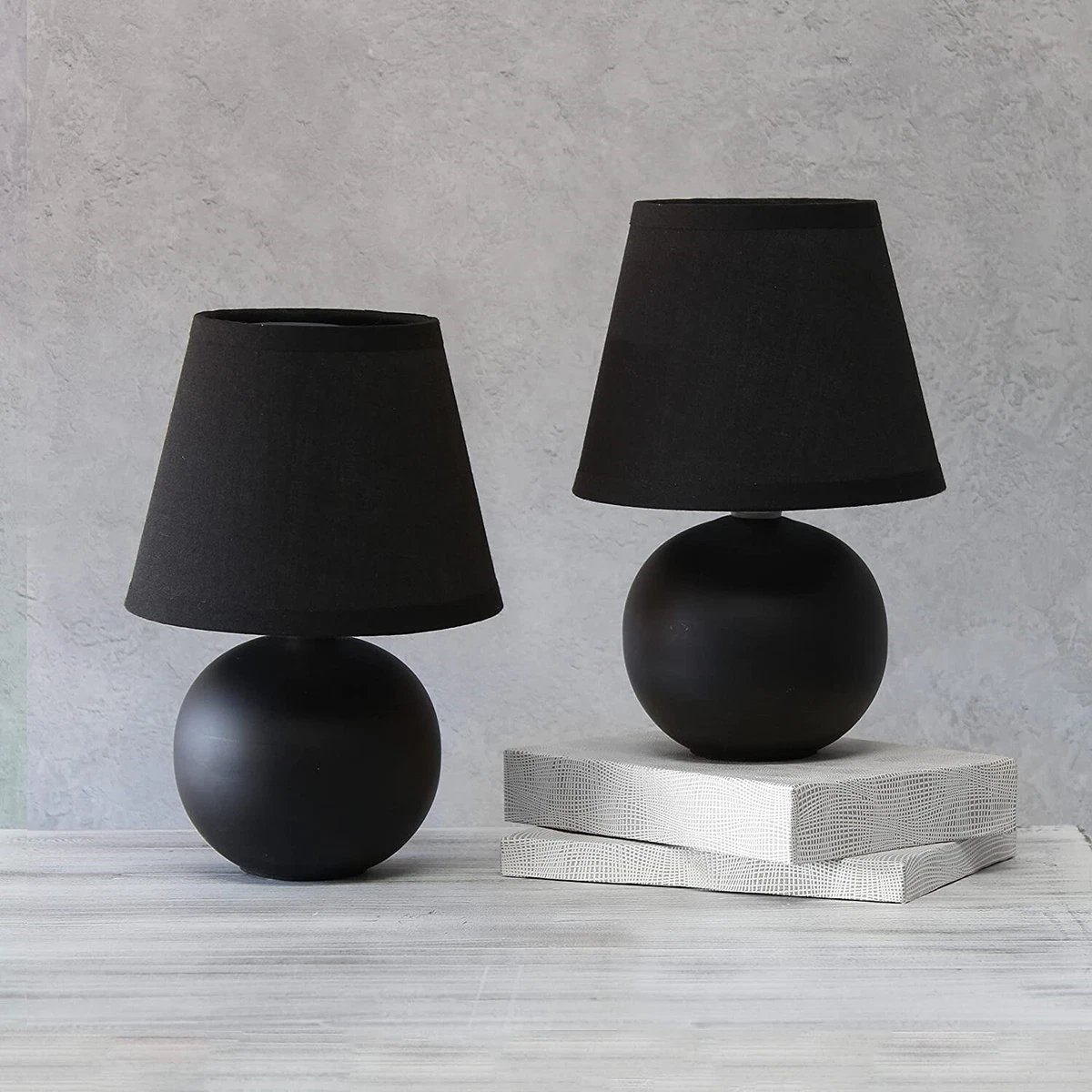 Set Of 2 Black Table Lamps Modern Bedside Nightstand Ceramic Small Round  Shade