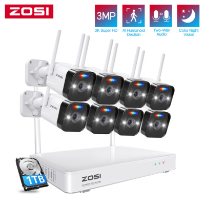 ZOSI 8CH 3MP Überwachungskamera Set Außen 1TB NVR Mesh WLAN Farbe Nachtsicht Ton