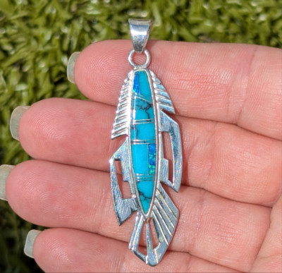 Sterling Silver Signed Navajo Mosaic Turquoise & Fire Opal Feather Pendant
