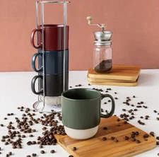 over & back, 5 Pc - Stackable Stoneware Mug Set w Rack | Glazed Color