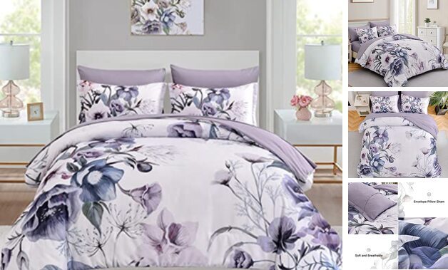 Floral Comforter Set 7 Piece Flower Bed in a Bag, Elegant Queen Size Purple