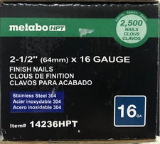 Metabo 14236HPT Straight Strip 2-1/2” x 16 G Finish Nail 304 Stainless 2500 Box