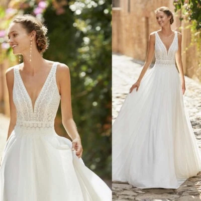 Boho Brautkleid Hochzeitskleid V-Ausschnitt Leckage Zurück Weiß Ivory 38 40 42 - Bild 1 von 4