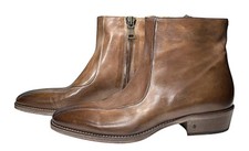 John Varvatos Boots Brown Hand Stained Leather Ankle Zip sz 9.5 US New