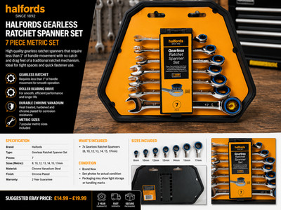 Halfords Advanced 7pc Gearless Ratchet Spanner Set 8-17mm Metric Wrench