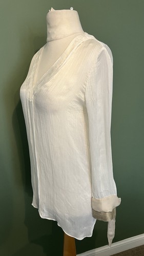 Massimo Dutti Ivory Silk Long Sleeve Blouse Tie Cuffs Crinkle Size UK 10 EU 38 - Picture 4 of 6