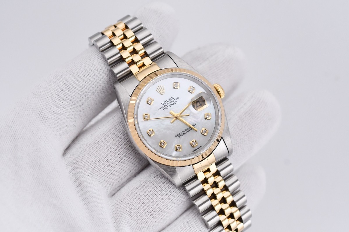 Rolex Datejust 16233 Yellow Gold Fluted Bezel Custom MoP Diamond