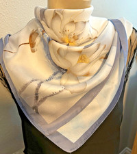 27 Inch Medium Square Grey, Pink and Blue Floral Pattern 100 Silk Scarf - VS-87