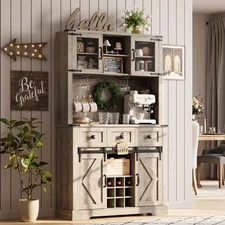 Coffee Bar Cabinet w/Sliding Barn Door, Drawers ,Kitchen Pantry Cabinet & Hutch