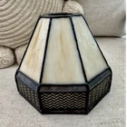 Tiffany Style Lamp Shade Black Metal  Beige/Brown Stained Glass Panels Vintage