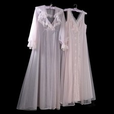 2pc Vintage SHEER Pink CHIFFON Long Sweep GOWN Nylon PEIGNOIR Set Floral  M