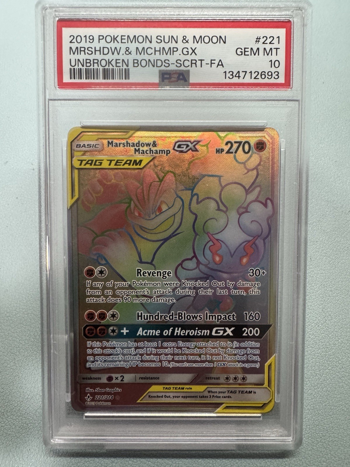 Pokémon Marshadow & Machamp GX Secret 221/214 Sm-Unbroken Bonds Psa 10 English