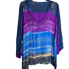 GreaterGood Shirt Womens L/XL Purple Blue Tie Dye Tunic Beaded Boho Embroidered