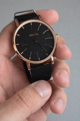 Men s Geneva Minimalist Watch Black Dial Rose Gold Case Mesh Strap Fashion Wrist