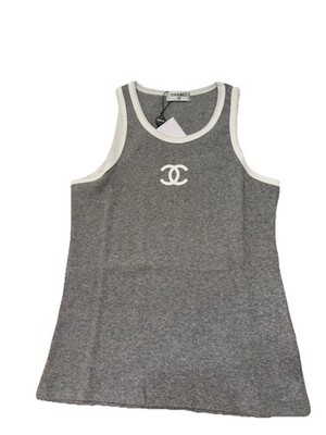 CHANEL 半袖トップス アイボリー/グレー CHANEL Gray White Logo Knit Cotton Women's Sleeveless Tank Top