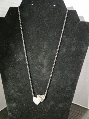 GUESS Double Heart Crystal Necklace Silver Tone And Gun Metal 18''