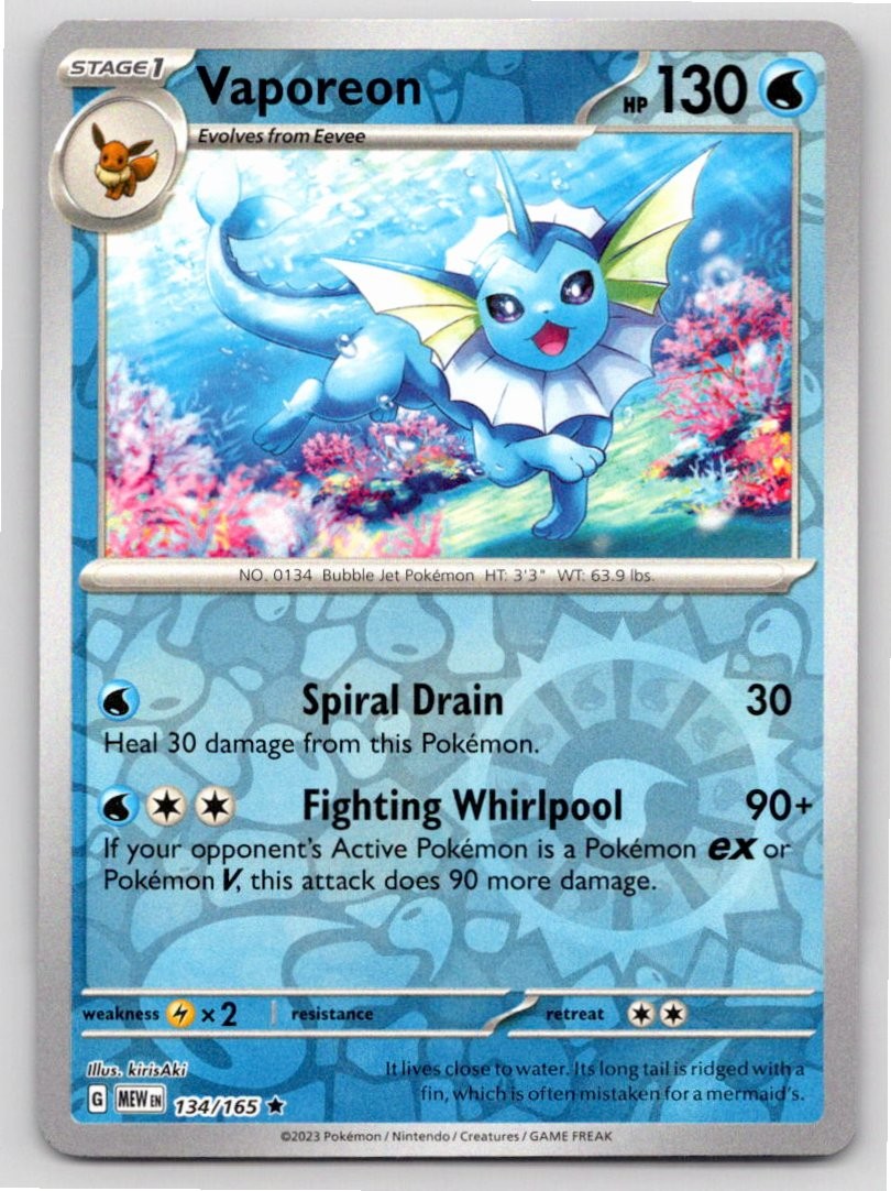 2023 POKEMON VAPOREON 151 134/165 REVERSE HOLO R NM A79328 FREE S&H