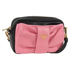 PRADA Ribbon Shoulder Bag Leather Black Gold Auth BD2127V