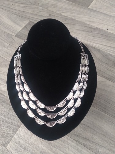 Half Circle Textured Metal Necklace 3 Strand Silver Tone Vintage