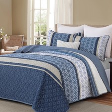 Dinjoy Boho Queen Quilt Set, Blue Striped Bedspread Queen Size,Navy Blue