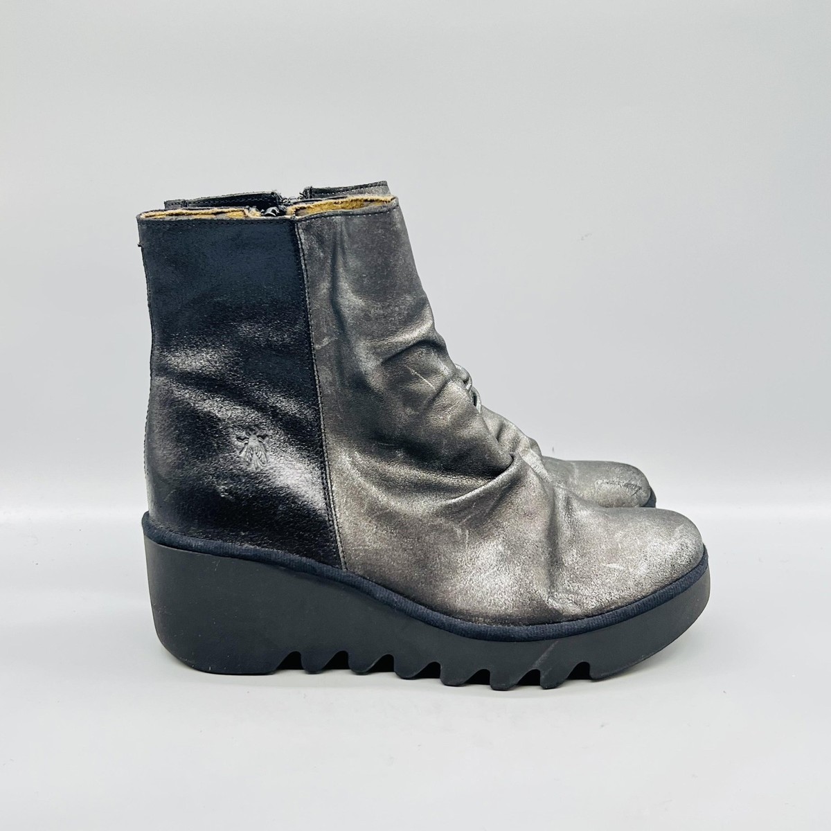 FLY London Boots Womens 8 Silver Black Leather Platform Ankle Wedge Zip Shoes