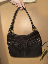 Black Shoulder Bag Gold Bronze Accents Zip Closure Pockets