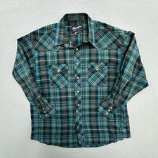 VINTAGE Wrangler Shirt Mens 17.5 34 XL Blue Plaid X Long Tails Pearl Snap Rodeo