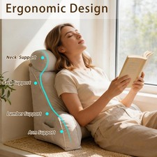 The reading pillow has a waist support, an armrest, and a neck support.