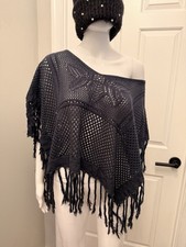 Willow & Clay Women's Sleeveless Fringe Knit Poncho Sweater Gray V-Neck S