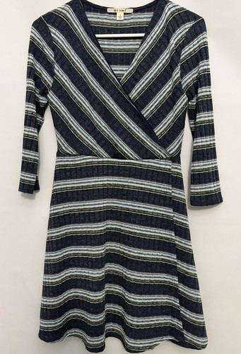 Francesca’s  MiAmi Blue Green Striped Knit A-Line V-Neck Dress 3/4 Sleeve size S