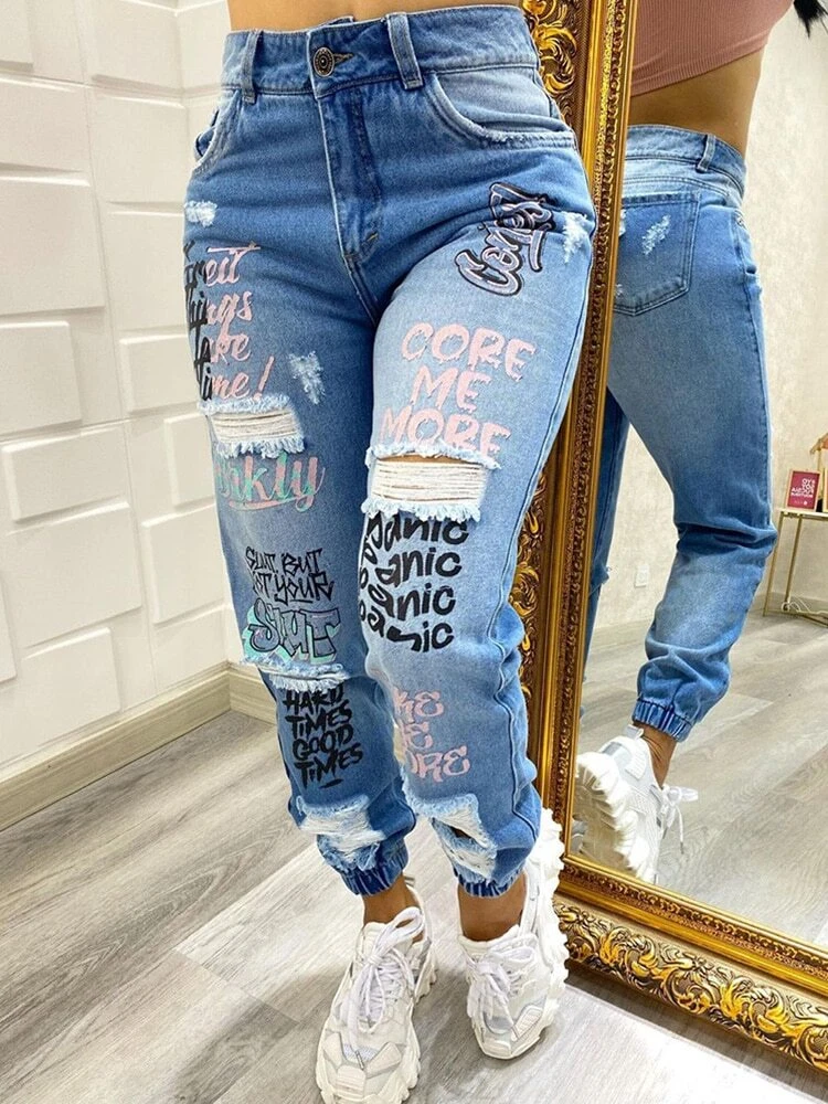 Pantalones Vaqueros Rasgados Para Mujer Jeans Azul Moda Con Estampado De  Letras