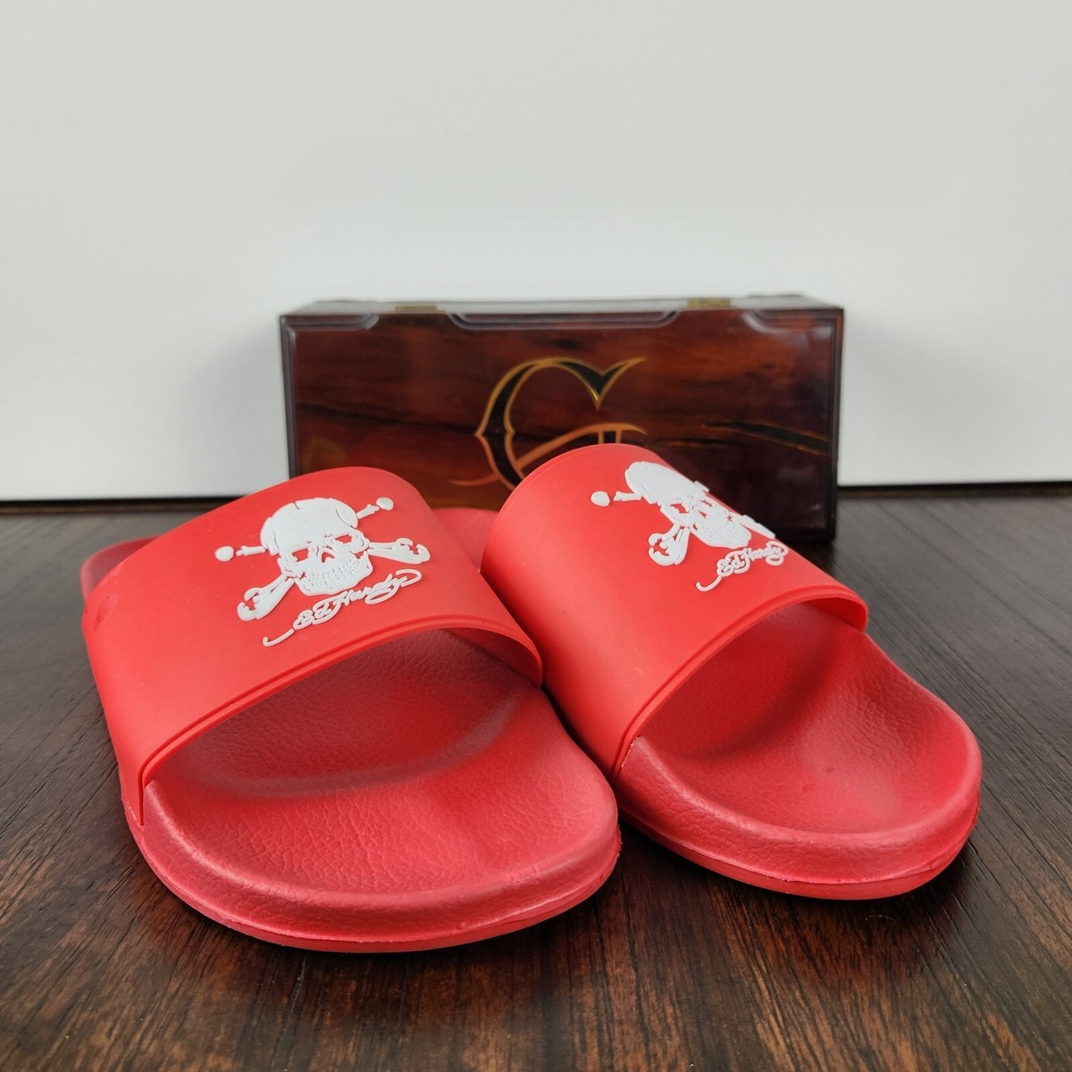 Ed Hardy Slides Darkness Skull Logo EH9041F in Red Men