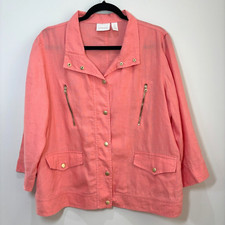 Chicos Coral Pink 100 Linen Jacket Blazer L/12 Gold Hardware Lightweight Beachy