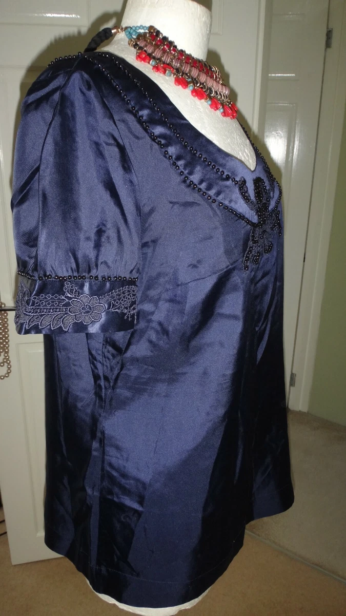 Robe Courte A-line Warehouse En Soie Bleue - Taille 14, Col Rond, Manches Courtes