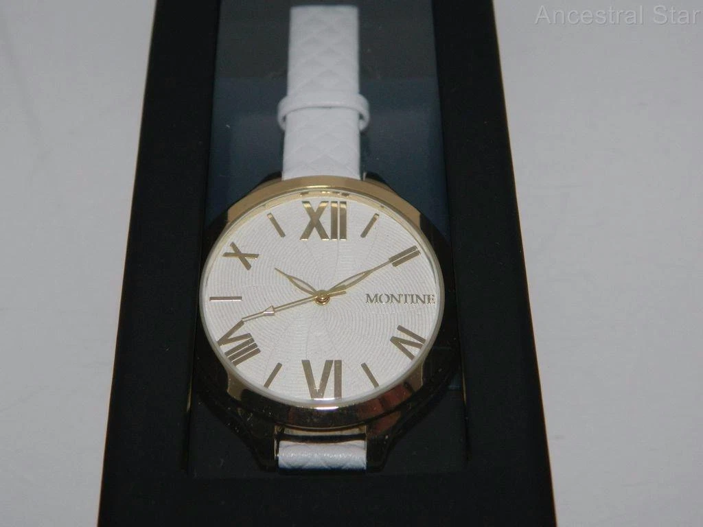 Women s MONTINE elegant Gold Plated Cream dial Round White Leather Strap watch