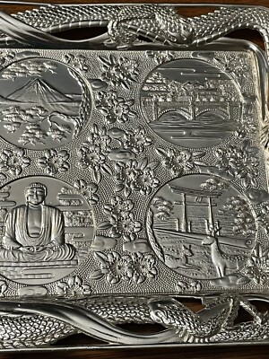 CORDIAL SAKI Tray Holder Metal Silver Scenery Dragons W/ Bakelite